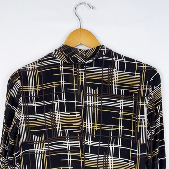 Trina Turk Women's Dame Abstract Plaid 100% Silk Tie Blouse Size 2 Black - Picture 8 of 12
